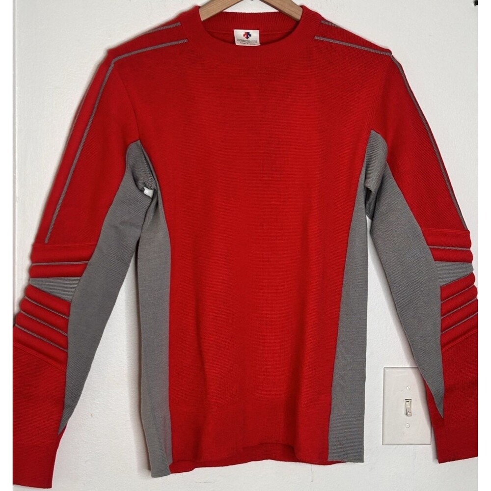 Vintage Descente Wool Ski Sweater Red Gray padded elbow Size 50 Japan Luxury
